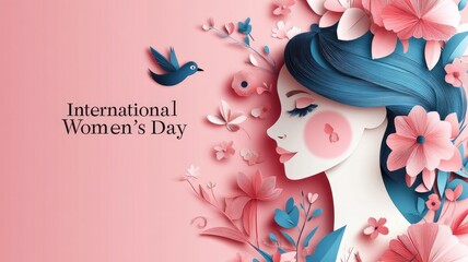 International Women's Day Paper Art Banner with Clean Design, Woman's Face, Flowers, Birds on Pink Background, 3D Illustration