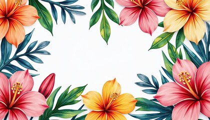 Vibrant Tropical Hibiscus Watercolor Painting: Deep Purples, Pinks, Yellows, and Green Harmony. A floral arrangement of tropical flowers and leaves on a white background.