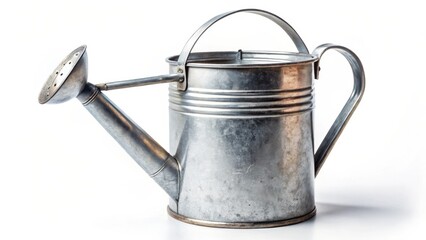 A weathered galvanized steel watering can, ready for garden use, with a long spout and comfortable handle, isolated on a white background