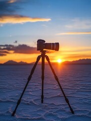 Camera with tripod shooting sunset on Salar De Uyuni salt flat in Bolivia. Travel photography concept.