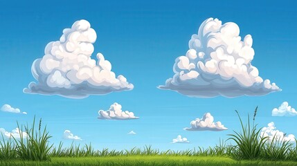 Beautiful cartoon landscape shows puffy white clouds in blue sky