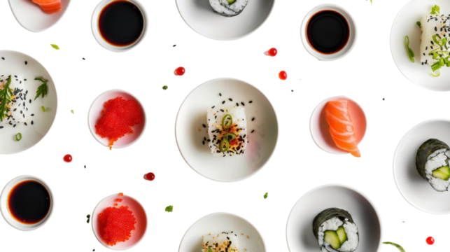 Sushi, salmon, soy sauce, and roe pattern on transparent background