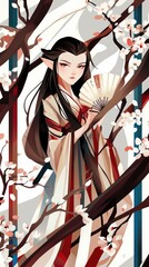 Elegant Anime Woman in Traditional Kimono Amidst Cherry Blossoms