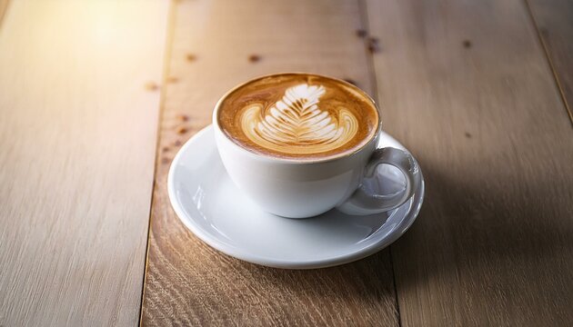 latte art on white mug on light wooden table possible use stock photo for coffee shops cafes food blogs