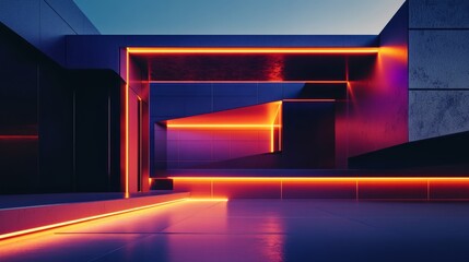 Night view of a contemporary suburban home with a geometric facade, glowing LED strips highlighting its modern design. 3D rendering