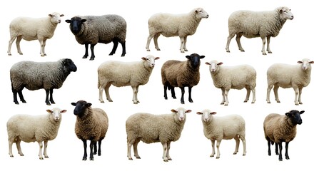 A herd of sheep in different colors and patterns, symbolizing the diversity of Qurbani animals, isolated on white