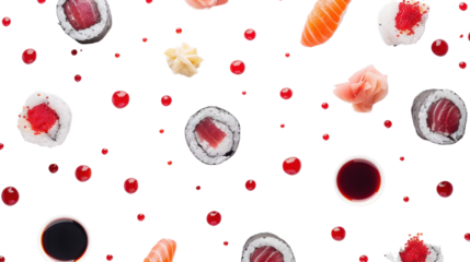 Falling sushi pattern with salmon, tuna, soy sauce, wasabi, and drops on transparent background