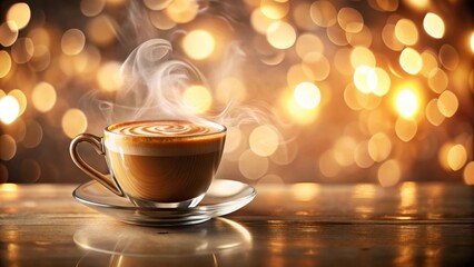 Fototapeta premium Aromatic Coffee in a Glass Cup with Latte Art, Steam Rising, on a Wooden Table Against a Warm Bokeh Background