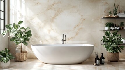 Modern Bathroom Design: Freestanding Tub, Marble Walls, and Lush Greenery