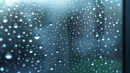 Macro Shot of Rain Droplets on a Windowpane &ndash; Atmospheric and Tranquil Blue-Tinted View