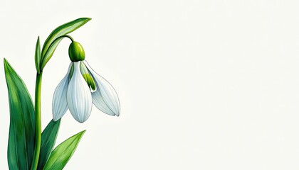 Fototapeta premium Realistic Snowdrop Painting: Delicate White Petals Against Stark White Background. A close up of a white flower with green leaves.