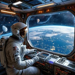a space station controlled by artificial intelligence. The station has holographic displays, robots and astronauts working together. Generated AI