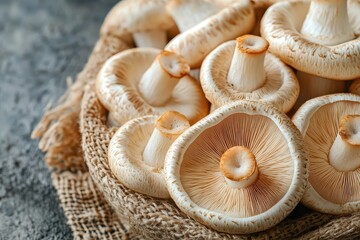 Fresh mushrooms arranged in a rustic basket