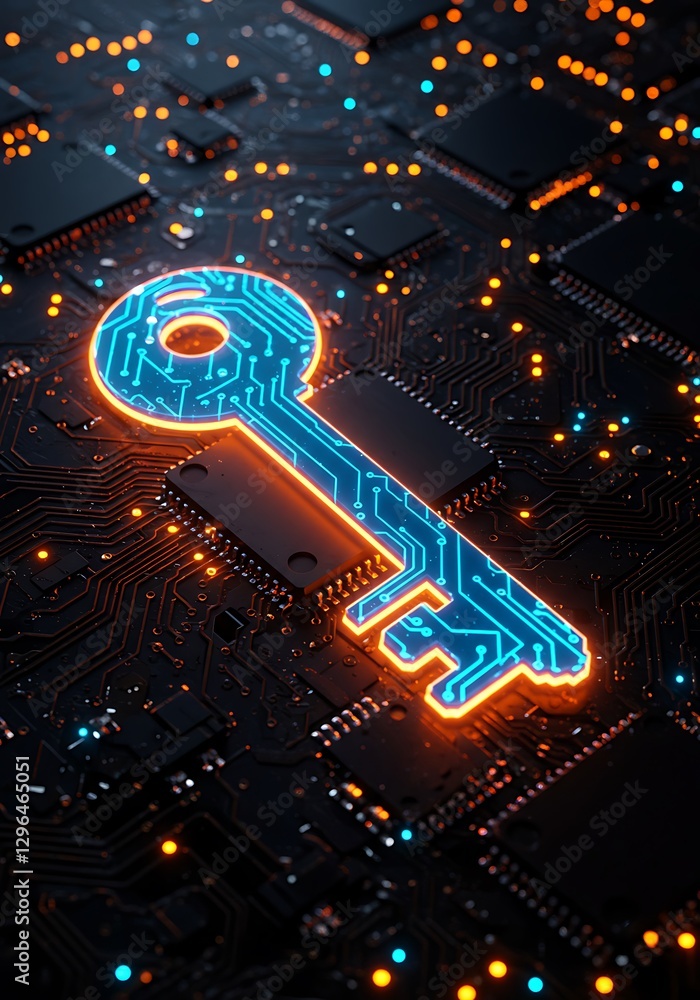 Aufkleber a digital key concept featuring a glowing key, symbolizing cybersecurity and data protection in a fu