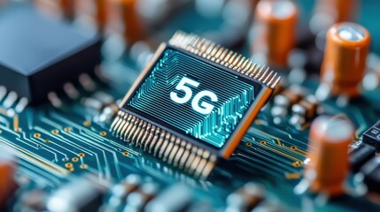 A close-up view showcases a 5G chip prominently on a circuit board surrounded by electronic components. The intricate design highlights advancements in technology and wireless connectivity