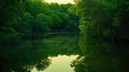 Tranquil Reflections on a Calm Lake at Dusk