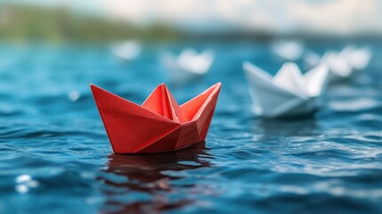 Obraz premium Red paper boat leads white boats on water.