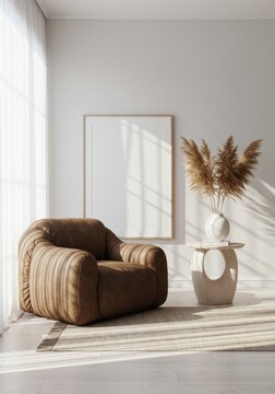 Fototapeta Blank vertical poster frame mockup in Scandinavian style living room interior, modern living room interior background