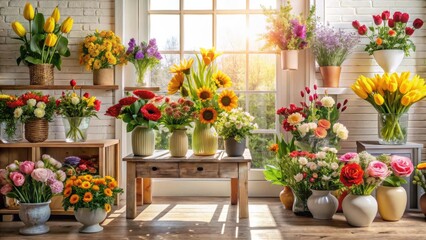 Fototapeta premium Sunlit floral arrangements in various vases and containers adorn a rustic wooden table and shelves against a white brick wall.
