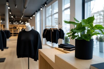 A chic mannequin showcases trendy apparel in a modern retail space, surrounded by an attractive layout that emphasizes simplicity and elegance in fashion presentation.