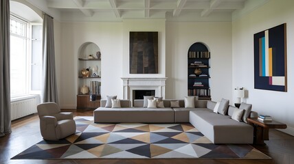 Spacious living room with a sectional sofa, modern art, and a geometric rug.