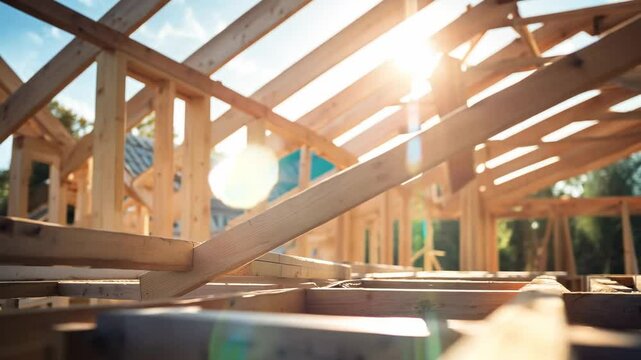 A wooden house under construction with sun rays shining through the framework. The image represents home building, real estate development, carpentry, construction industry, and sustainable