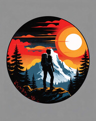 A Beautiful Silhouette of a Backpacker with Sunset Over Majestic Mountain Peaks and Pine Trees Filling the Horizon Flat Design Art for Casual Shirt