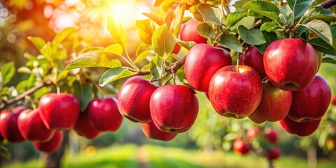 Vibrant Red Apples Hanging on a Lush Green Branch in Sunny Orchard
