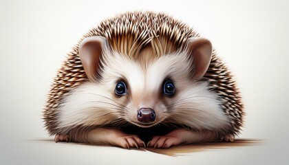 portrait small hedgehog curled up on plain white background illustration