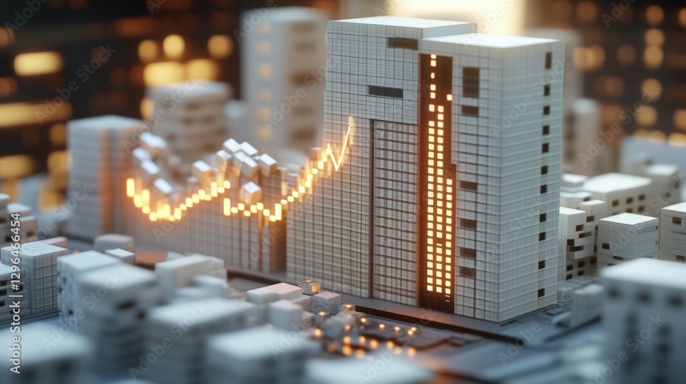 Poster model of a city with a rising graph showing growth and development concepts in a professional settin