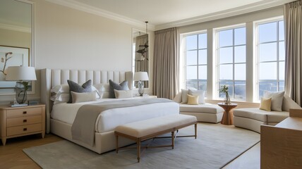 Serene bedroom with neutral tones, king-size bed, and panoramic window views.