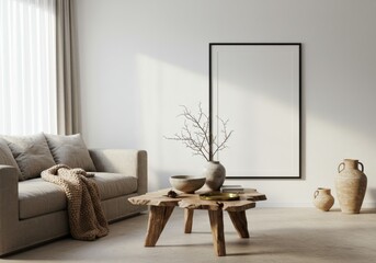 Living room wall art frame mockup. Modern Japandi poster design. Blank wall background with minimalist interior 3D render.
