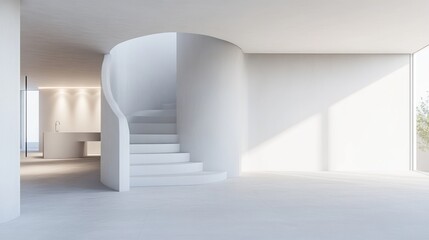 Fototapeta premium Modern white spiral staircase in minimalist home interior, sunlight