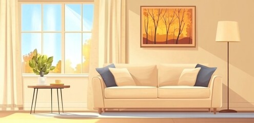Fototapeta premium Autumn living room interior scene, sunny day, peaceful atmosphere, stock photo