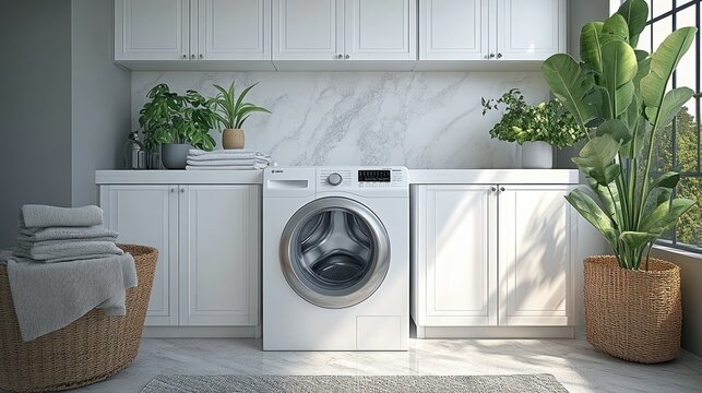 Modern laundry room with white cabinets, marble backsplash, plants, and washer/dryer