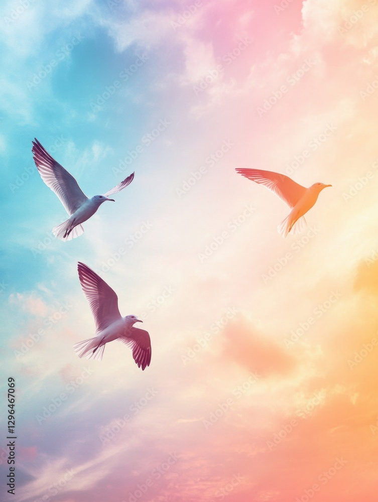 Poster vibrant sunset sky with birds soaring through colorful clouds above. generative ai