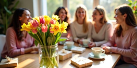 Women sitting at a table with a vase full of flowers in the foreground
