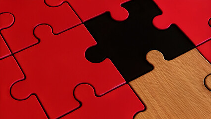 Obraz premium stock picks with sectors concept. Puzzle pieces in red and black with a wooden element, showcasing a missing piece.
