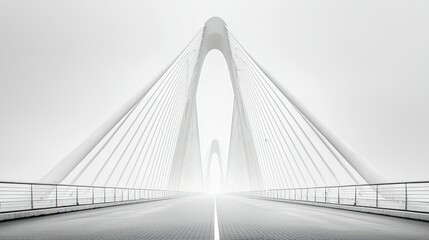 Fototapeta premium Modern bridge in fog, empty road, architectural minimalism