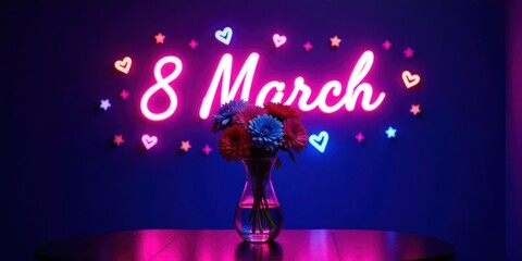 A neon sign that reads March 8 is surrounded by neon hearts and flowers