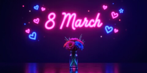 A neon sign that reads March 8 is surrounded by neon hearts and flowers