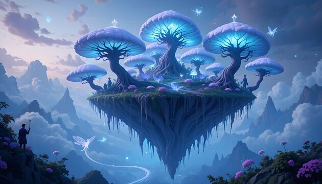 Low Poly Floating Island with Bioluminescent Trees and Glowing Mushrooms