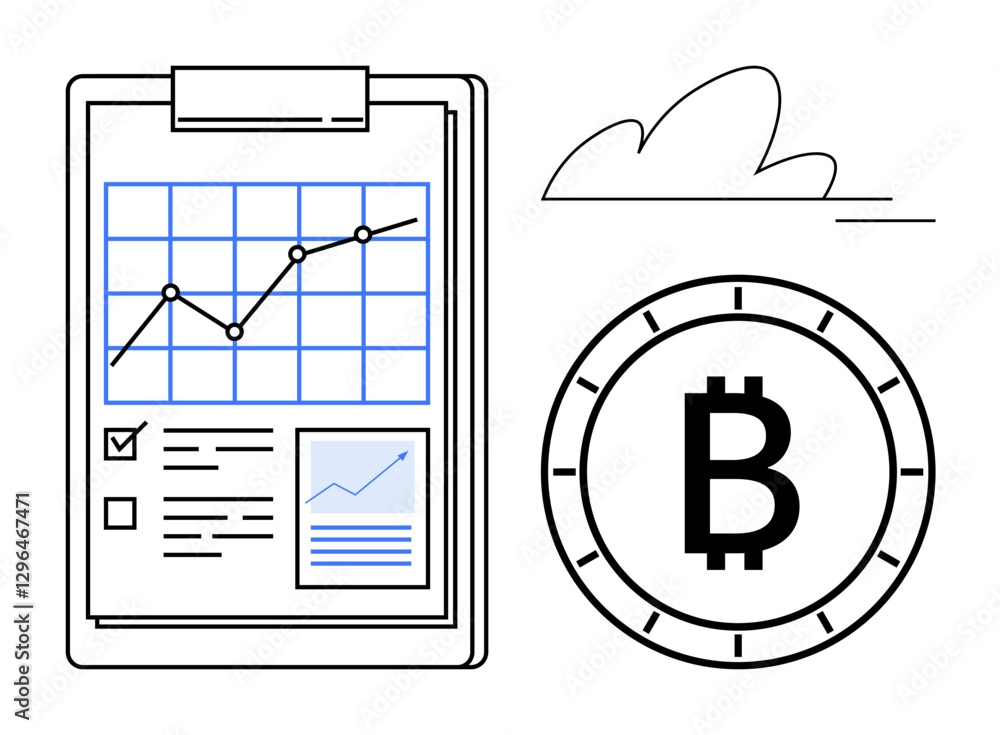 Poster clipboard with financial growth chart and ticked checkbox beside bitcoin symbol, cloud in the backgr