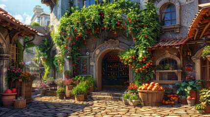Charming Market Street with Vibrant Fruits and Lush Greenery