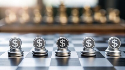stock picks with sectors concept. Chess pieces made of coins on a chessboard, symbolizing strategy and finance.