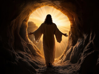 The resurrected Jesus Christ emerges from a tomb.  It is early morning, sunrise.