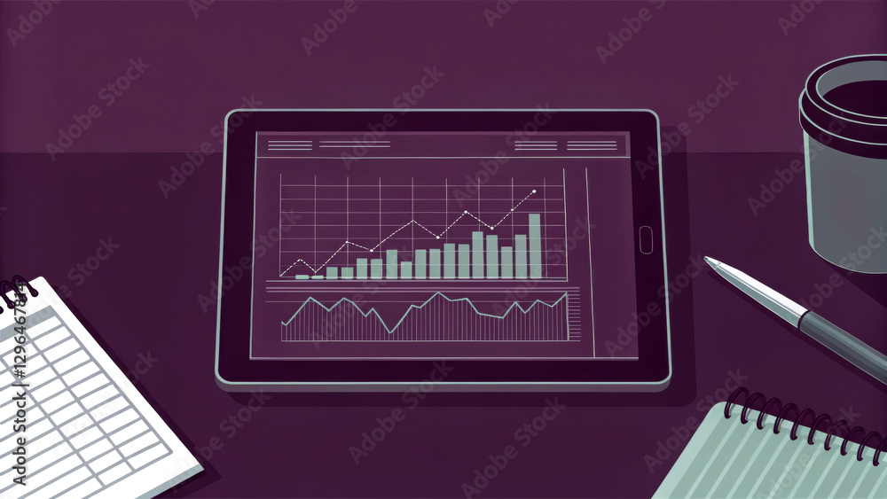 Poster stock picks with sectors concept. tablet displaying a financial graph, surrounded by notebooks and a