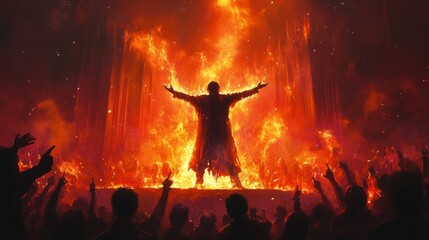 Magician standing on a fiery stage surrounded by cheering crowd
