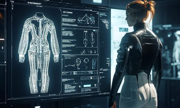 Futuristic female scientist analyzing holographic data on advanced exosuit designs in a high-tech lab