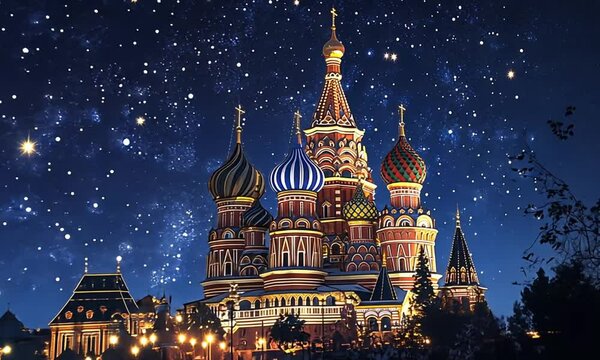 Russia Moscow A beautiful red and blue cathedral with a tall spire. The cathedral is lit up at night, and the stars are shining brightly in the sky. The scene is serene and peaceful, and it evokes a